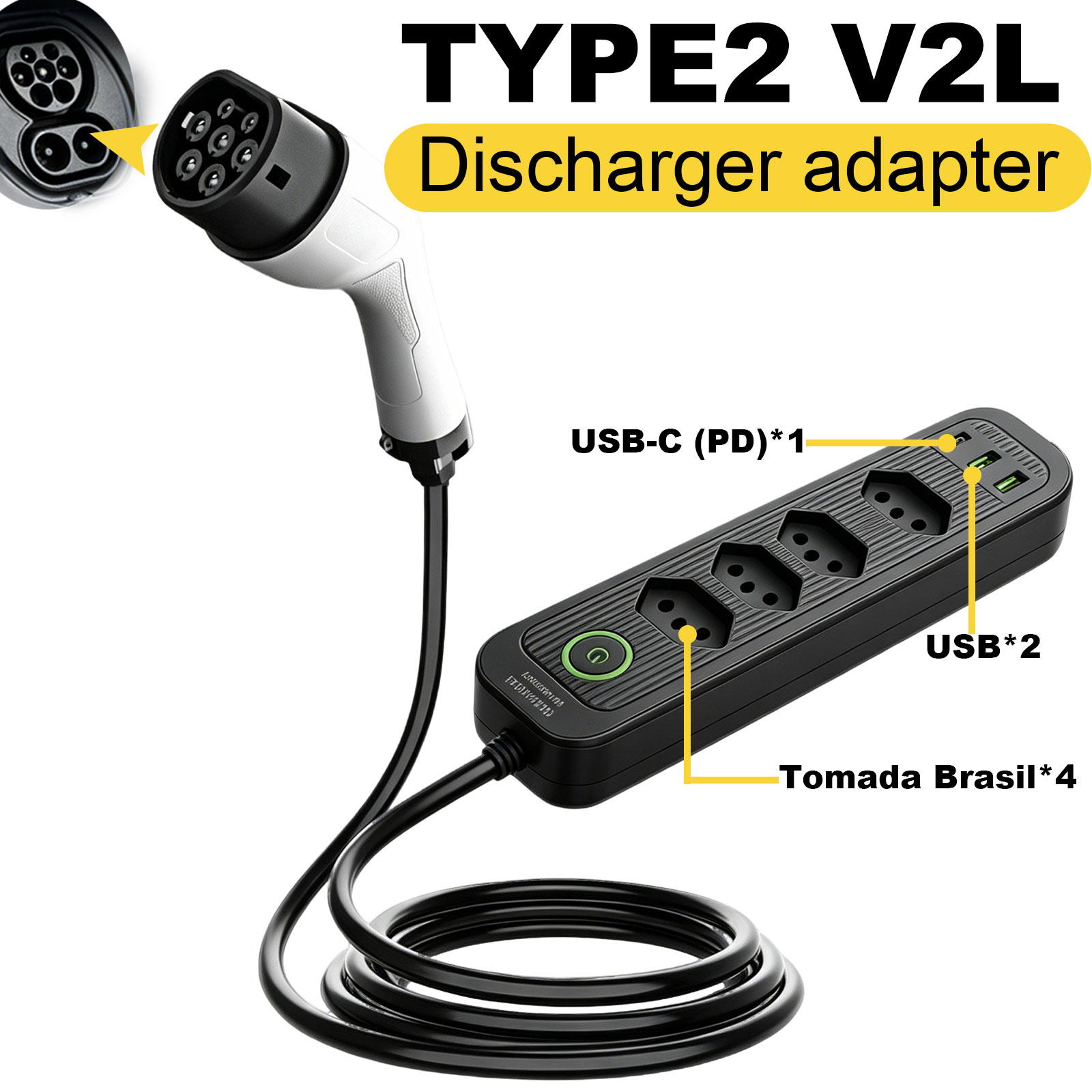Outdoor Powerwall - Typ2 V2L Entladeadapter 16A Brasilianische Steckdose