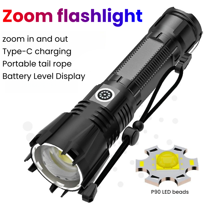 Outdoor Power Inc - Hochleistungs-P90-LED-Taschenlampe, wiederaufladbar, mit TYPE-C-Anschluss, Zoom-Spotlight, wasserdicht,